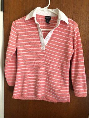 Rafaella, Orange w/White Stripe, 100% Cotton Long Sleeve Collared Sweater, Sz: S